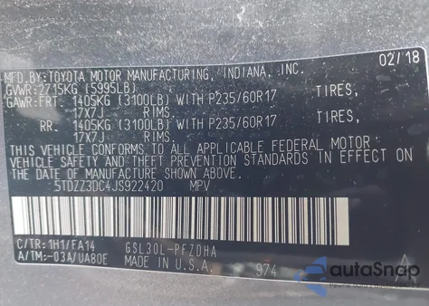 2018 Toyota Sienna L 7 Passenger from USA, damaged, VIN 5TDZZ3DC4JS922420